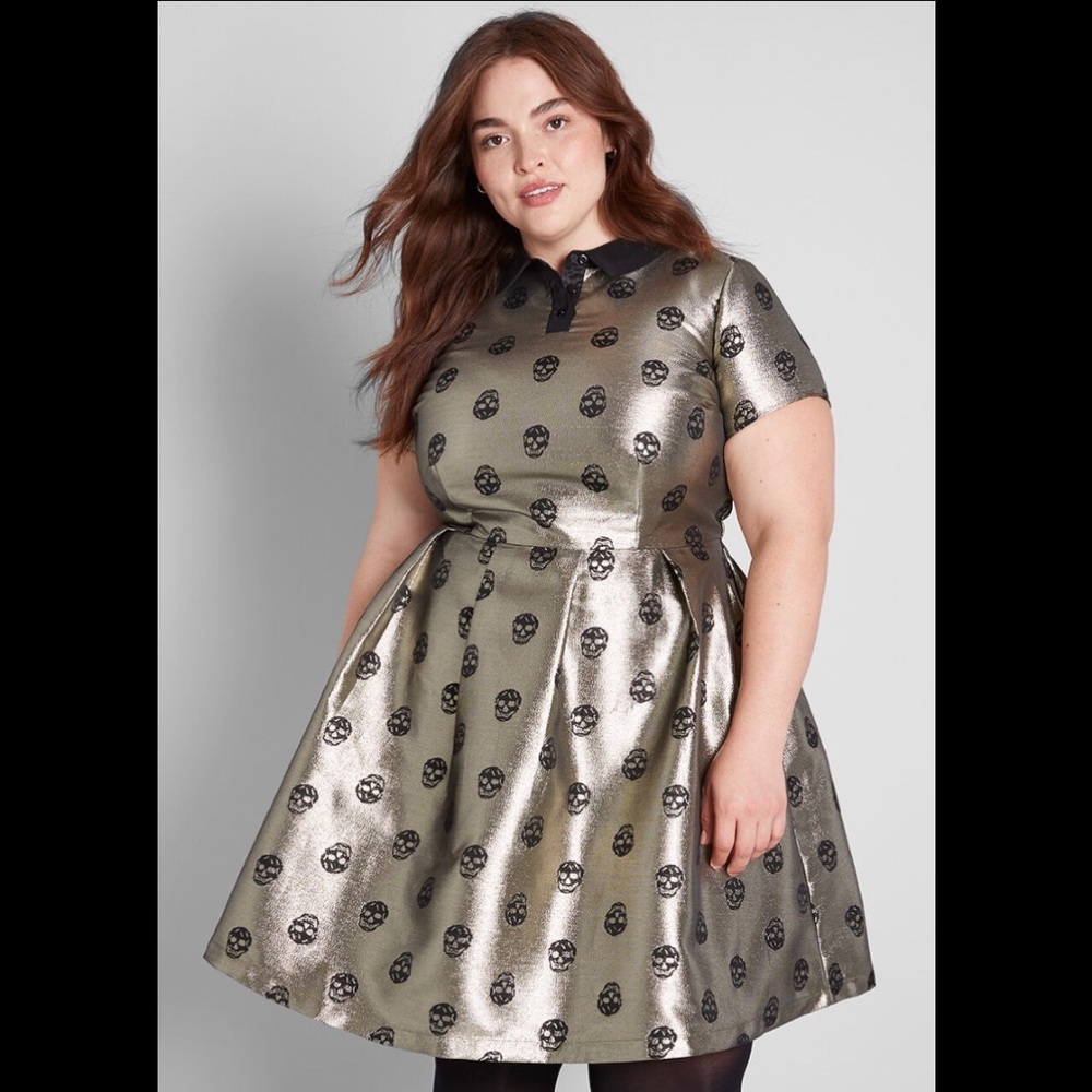 New ModCloth Skull flare dress gold brocade 16